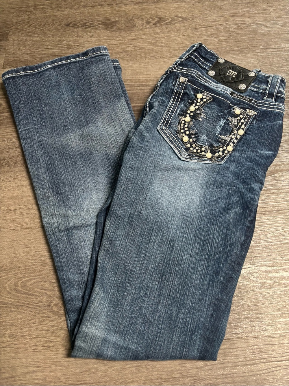 Miss Me Horseshoe Mid Rise Bootcut Jeans Embellished Rhinestone Pearl Pocket